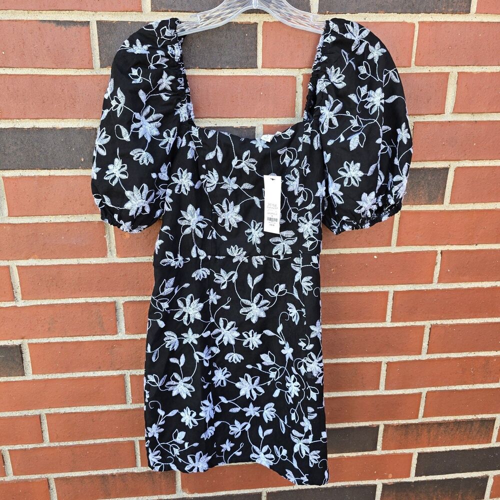 Women’s Boutique Dress Francesca's Blue Rain Puff Sleeve Black S Floral $66 NWT